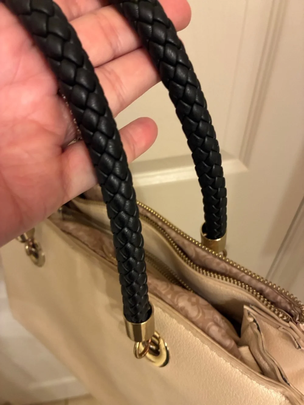 Charming Charlie Cream Tote with‎ Black Braided Handles